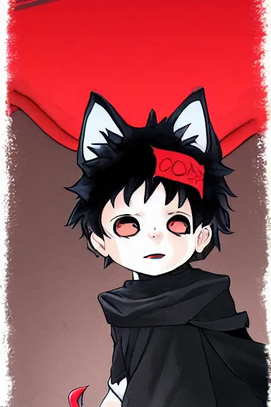 Image similar to little boy with cat ears in an black outfit with red cape. digital artwork made by lois van baarle and kentaro miura, sharpness focus, inspired by hirohiko araki, anatomically correct, heroic composition, hero pose, smooth, symmetrical