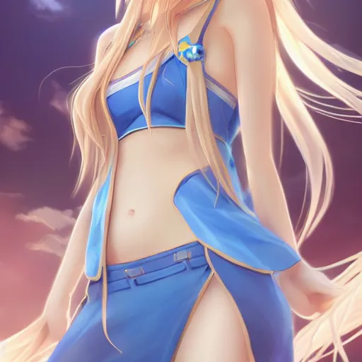 Image similar to a very beautiful young yuuki asuna, full body, long wavy blond hair, sky blue eyes, full round face,, bikini, miniskirt, front view, mid - shot, highly detailed, cinematic wallpaper by stanley artgerm lau