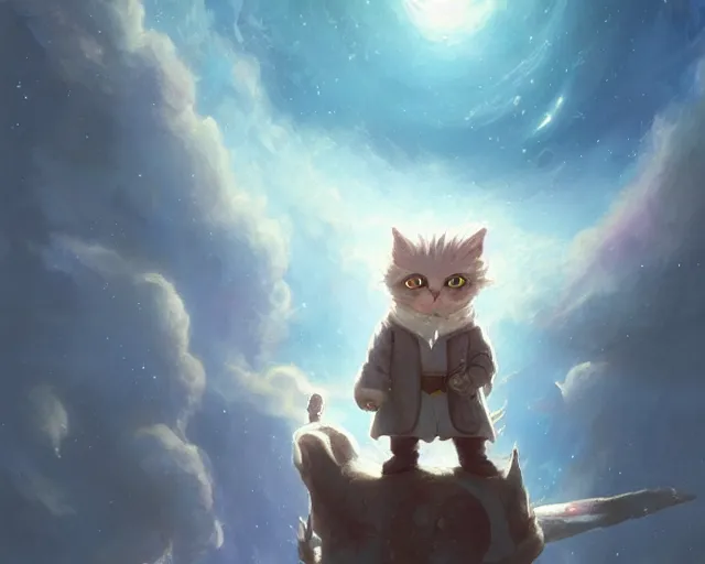 Image similar to one cartoonish kitty dressed as Gandalf floating alone in space, bright stars, anime, a fantasy digital painting by Greg Rutkowski and James Gurney, trending on Artstation, highly detailed