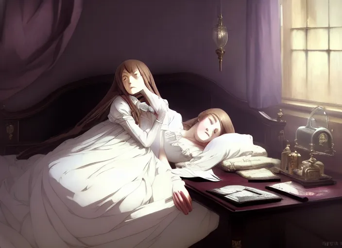 Prompt: victorian britain 1 8 3 6, 1 6 year old florence nightingale, asleep in a luxurious english victorian bedroom, dreaming of becoming a nurse, finely detailed perfect art, gapmoe yandere grimdark, trending on pixiv fanbox, painted by greg rutkowski makoto shinkai takashi takeuchi studio ghibli