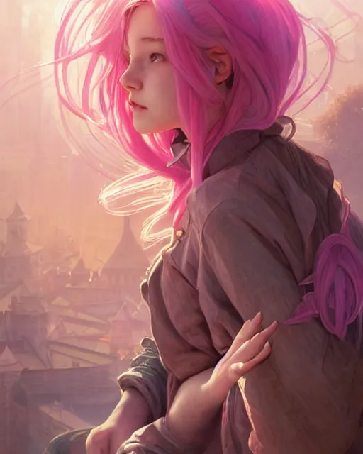 Prompt: portrait of an innocent lost college girl with pink hair, magic school uniform, fantasy building, intricate, sharp focus, lens flare, bloom, rim light, illustration, highly detailed, digital painting, concept art, matte, art by wlop and artgerm and greg rutkowski and alphonse mucha, masterpiece