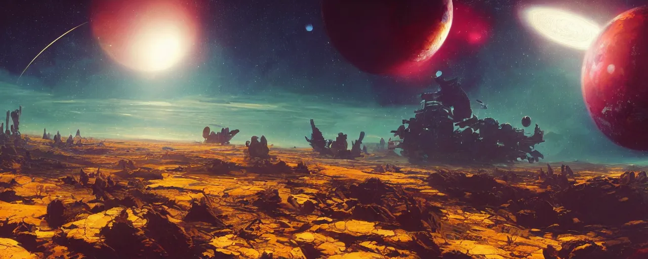 Image similar to ” outer planet with clear sky and vast plains, [ cinematic, detailed, epic, widescreen, opening, establishing, mattepainting, photorealistic, realistic textures, octane render, art by paul lehr ] ”