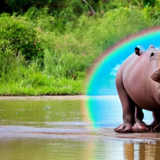 Image similar to photo of an hippo wearing a tutu under a rainbow