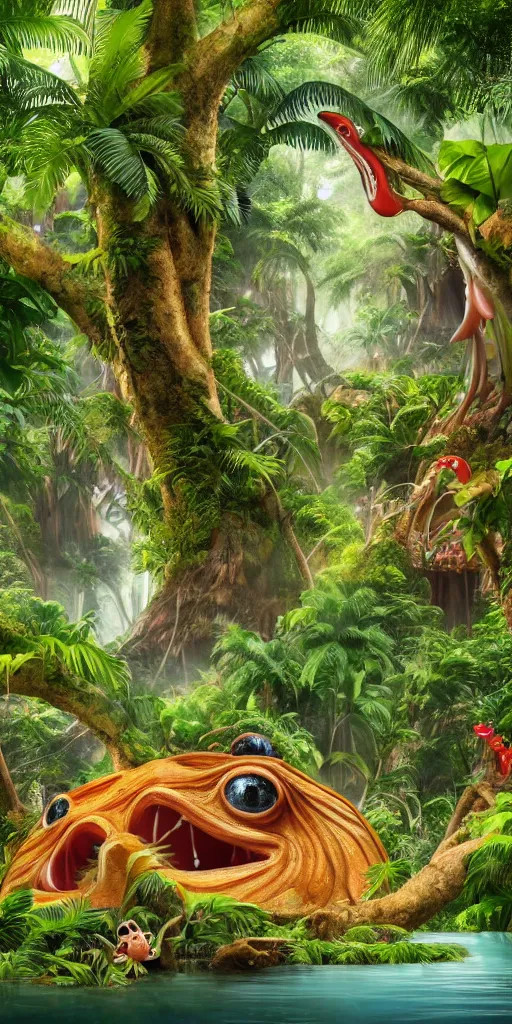 Image similar to of a tropical rainforest lake with strange cute friendly happy creatures with huge eyes, mouth, long tongue, round teeth and goofy face, appearing from the treesl, in the style of gehry and gaudi, macro lens, shallow depth of field, ultra detailed, digital painting, trending artstation, concept art, illustration, cinematic lighting, photorealism, epic, octane render