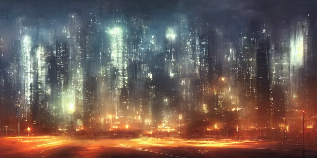 Image similar to a futuristic cityscape at night, foggy, soft lighting, realistic painting