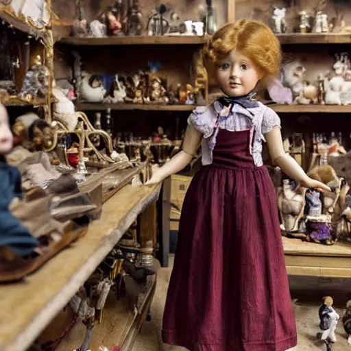 Image similar to human child standing in a victorian doll maker's shop looking at all of the dolls, 8 k, soft lighting, highly detailed realistic, face in focus