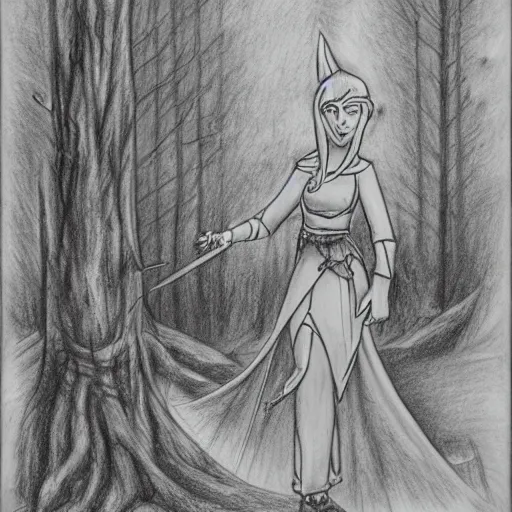 Image similar to a detailed pencil drawing of an elf casting a spell in a forest