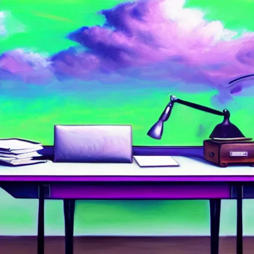 Image similar to realistic panting of a desk on a purple field blue clouds highly detailed trending on art station