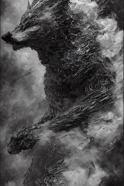 Prompt: portrait of a demon void fox in black suit surrounded by smoke fumes, pen and ink, intricate line drawings, by craig mullins, ruan jia, kentaro miura, greg rutkowski
