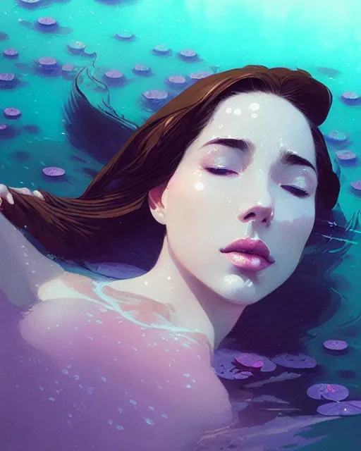 Image similar to hyper - realistic portrait of a woman underwater, water lilies, by atey ghailan, by greg rutkowski, by greg tocchini, by james gilleard, by joe fenton, by kaethe butcher, dynamic lighting, gradient light purple, brown, blonde cream and white color scheme, grunge aesthetic