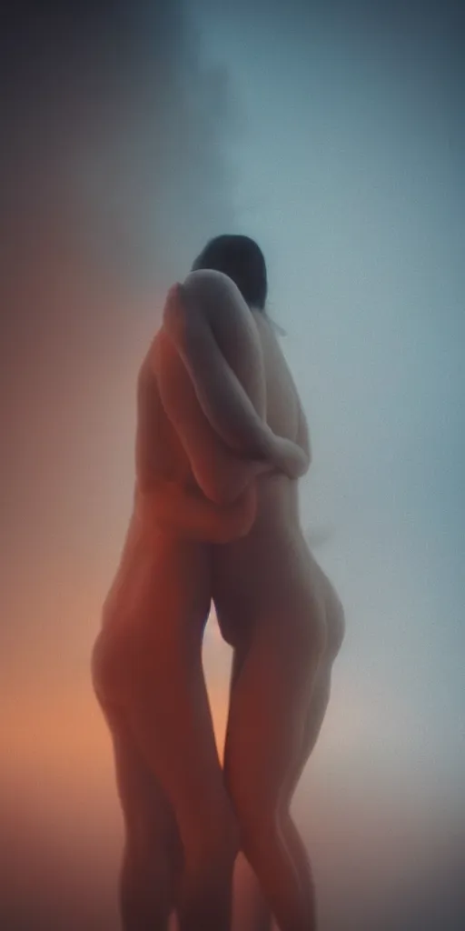 Image similar to a blurry closeup picture of gorgeous human bodies intertwined, female bodies, no face, dripping wet, macro photography, long exposure photograph, surrealism, anamorphic bokeh, cozy, soft light, cyan and orange, caustic, atmospheric fog, octane render, cinematic