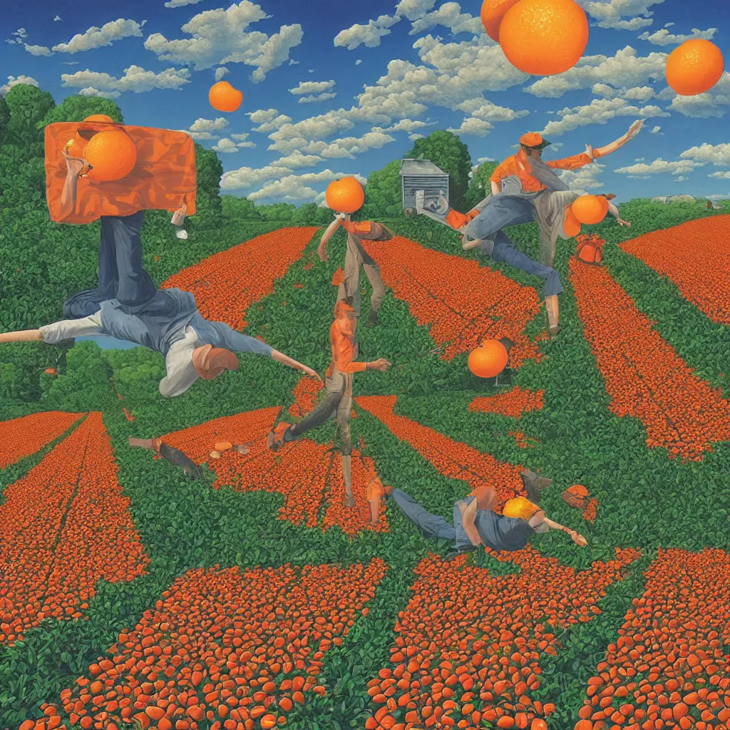 Image similar to a orange strawberry field seen by far in a car riding by, by Rob Gonsalves