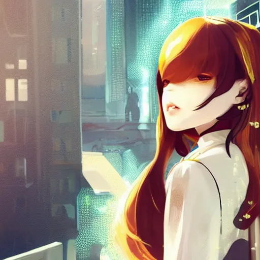 Image similar to luxury advertisement, white and golden colors. highly detailed post-cyberpunk sci-fi close-up schoolgirl in asian city in style of cytus and deemo, mysterious vibes, by Ilya Kuvshinov, by Greg Tocchini, nier:automata, set in half-life 2, beautiful with eerie vibes, very inspirational, very stylish, surrealistic, perfect digital art, mystical journey in strange world, bastion game