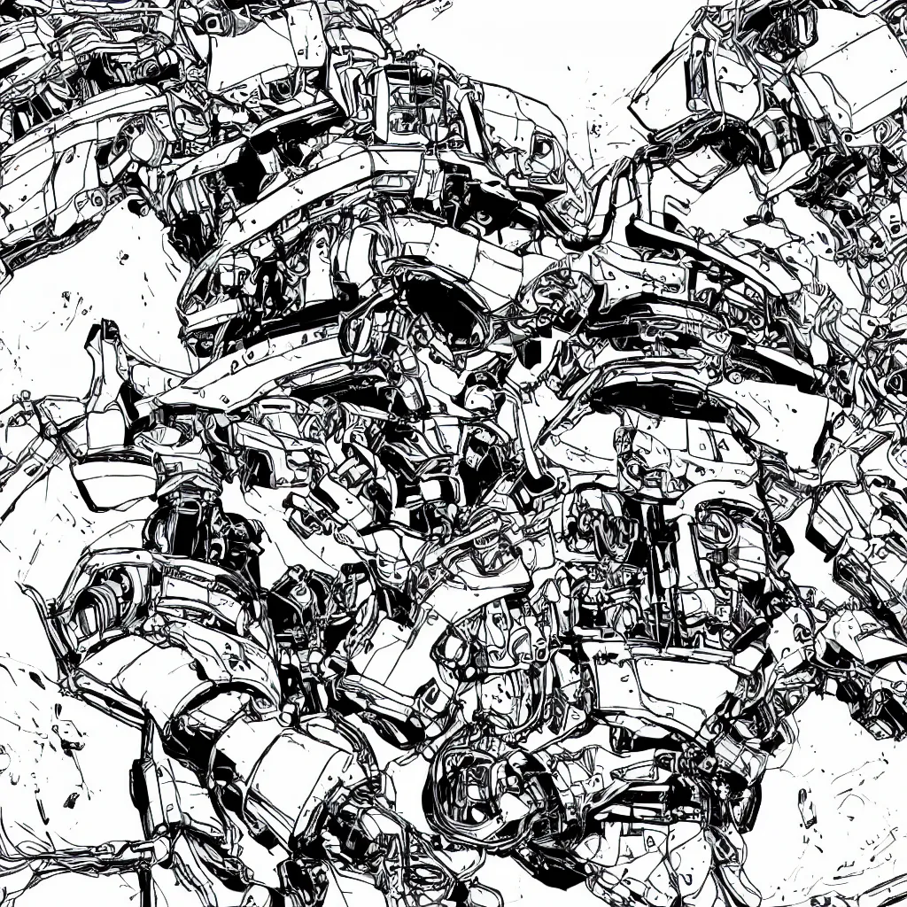 Image similar to a hard surface ultradetailed mechanical robot in middle of nature black and white comic book style