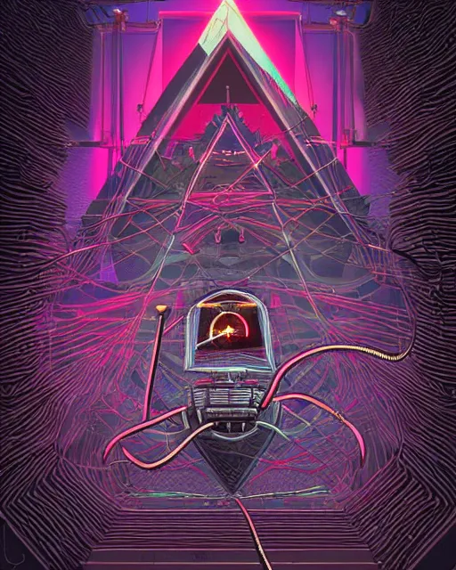 Image similar to eldritch being intertwined with technology, robotic eye, pyramid symbol, paranoia, wires, occult symbols, cyberpunk, digital art, very detailed, colored, clean lines