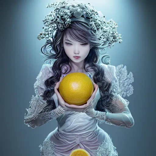 Image similar to the portrait of an absurdly beautiful, graceful, elegant, sophisticated, young gravure idol made up of lemons, an ultrafine hyperdetailed illustration by kim jung gi, irakli nadar, intricate linework, bright colors, octopath traveler, final fantasy, unreal engine 5 highly rendered, global illumination, radiant light, detailed and intricate environment