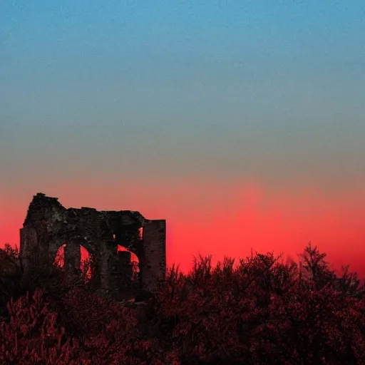 Prompt: leaves blow in the wind. a red glow rises from some ruins nearby.