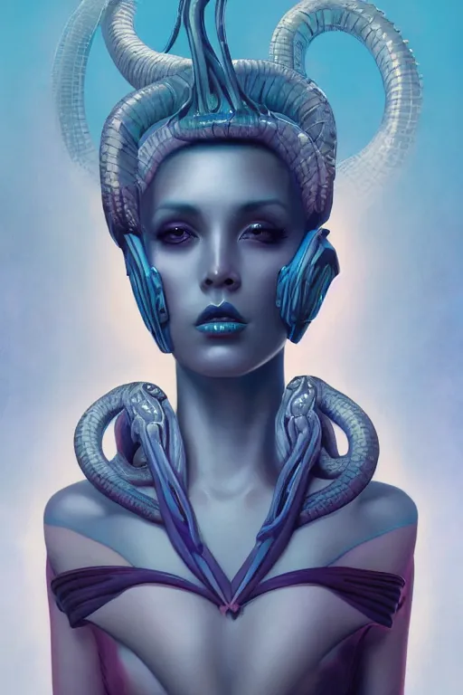 Prompt: portrait of an elegant alien queen with snake hair, straight on portrait, by artgerm, tom bagshaw, gerald brom, vaporwave colors, lo fi colors, vaporwave, lo fi, 2 point studio lighting, dramatic lighting, 4 k, hd,