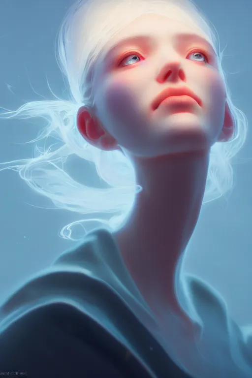 Image similar to Bioluminescent, Her breath shot a haze of steam out into the frosty morning air concept, soft light, soft mood, realistic body features and face, illustration, painting oil on canvas by Elena Zhurikhina and Goro Fujita and Charlie Bowater, octane render trending on artstation, 4k, 8k, HD