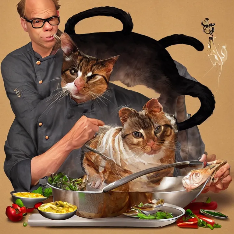 Image similar to “celebrity chef Alton Brown as a cat cooking a whole fish, digital art, 8k, trending on artstation”