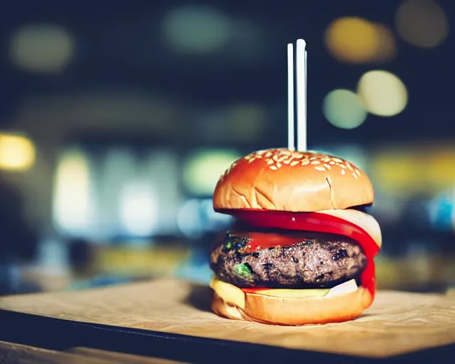 Prompt: juicy burger from a fast food restaurant, depth of field, food photography, uplight, isometric, studio, bokeh, gmaster, cooking, food, kodak, sony, canon