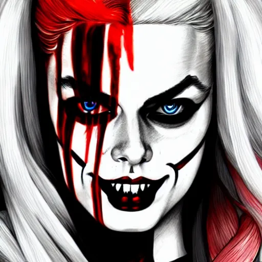 Prompt: Margot Robbie as Harley Quinn as a vampire, highly detailed, digital painting, artstation, concept art, smooth, sharp focus, illustration, art by yoji shinakawa, black and white, red