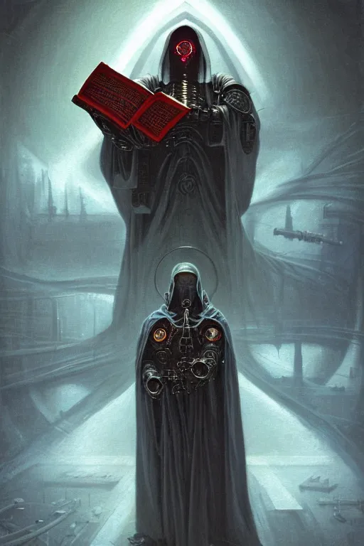 Prompt: painting of a cloaked tech priest holding a book, Adeptus Mechanicus!!!, cybernetic enhancements attached to his body, praise the omnissaiah, Zdzislaw Beksinski, Lewis Jones, mattias adolfsson, Warhammer 40K!!, cold hue's, warm tone gradient background, concept art, digital painting