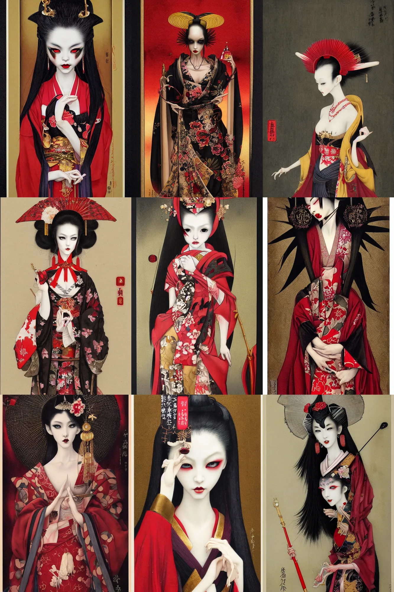 Image similar to watercolor painting of a japanese bjd geisha vampire with a long neck by tom bagshaw, ayami kojima, mark ryden in the style of thoth tarot card, dark - fantasy, red, gold black