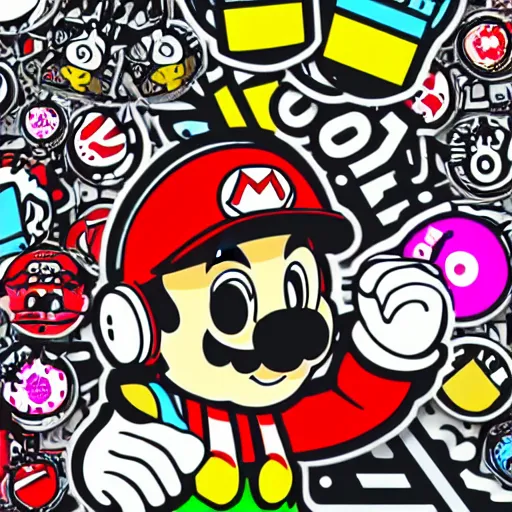 Prompt: svg sticker of a Pop-Wonder SuperMario, Mario-Wearing-a-red-hat, at a rave, spinning records, giant headphones rocking out, wearing headphones, huge speakers, dancing, rave, DJ, spinning records, digital art, amazing composition, rule-of-thirds, award-winning, trending on artstation, featured on deviantart