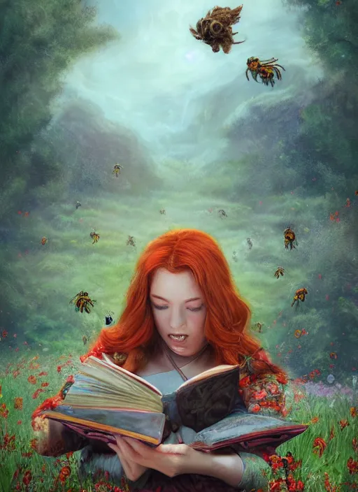Image similar to An epic fantasy comic book style portrait painting of a young red headed girl reading a book in a field of flowers surrounded by bees in the style of the wheel of time, unreal 5, DAZ, hyperrealistic, octane render, cosplay, RPG portrait, dynamic lighting
