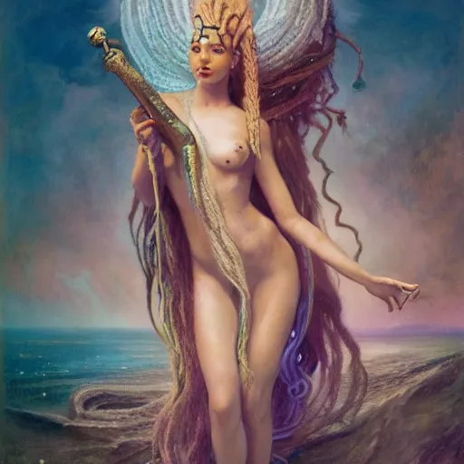 Image similar to birth of mami wata, sumerian goddess inanna ishtar, ashteroth, techno mystic goddess princess intergalactica, with aqua neon rapunzel dreadlocks, mami wata, detailed, by gaston bussiere, bayard wu, greg rutkowski, giger, maxim verehin, greg rutkowski, masterpiece, sharp focus,