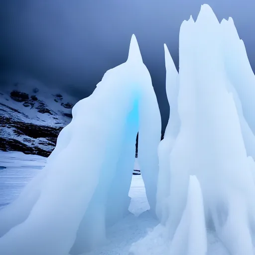 Image similar to large cloudy ice stalagmite on snow in game of thrones, 4 k, epic, cinematic, focus, movie still, fantasy, extreme detail, atmospheric, dark colour, sharp focus