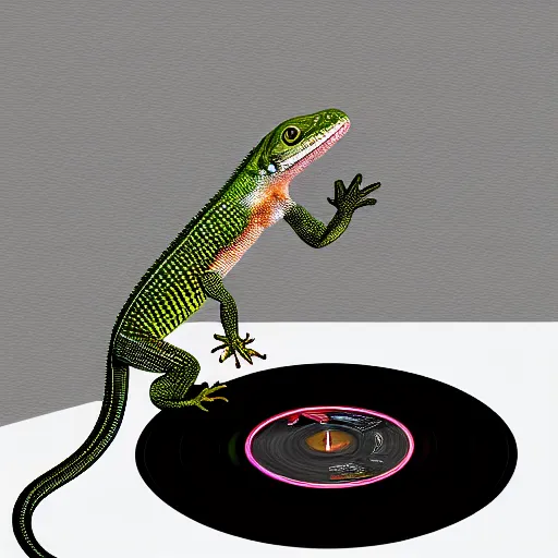 Image similar to a lizard dj, digital art, artstation, playing records