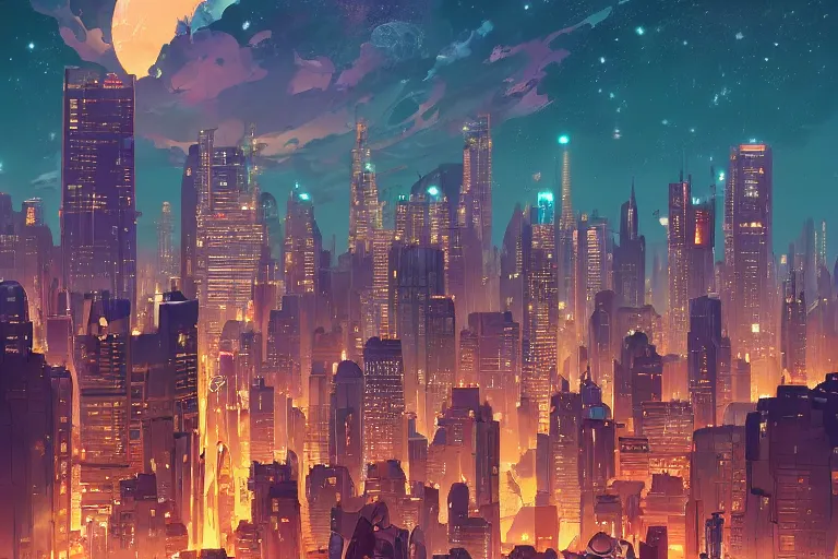 Image similar to city skyline at dusk with stars and planets stylized, official fanart behance hd artstation by jesper ejsing, by rhads, makoto shinkai and lois van baarle, ilya kuvshinov, ossdraws, cel shaded by feng zhu and loish and laurie greasley, victo ngai, andreas rocha, john harris