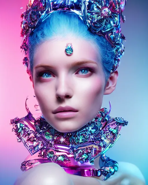 Image similar to natural light, soft focus portrait of a android with soft synthetic pink skin, blue bioluminescent plastics, smooth shiny metal, elaborate diamond ornate head piece, piercings, face tattoo, skin textures, by annie liebovotz, paul lehr,