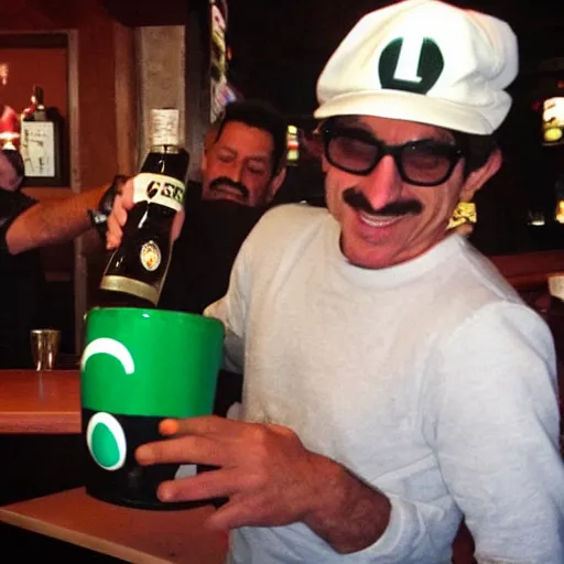 Image similar to luigi from super mario chugging a beer with the boys at the bar