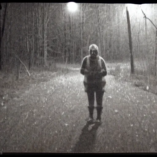 Image similar to ronald mcdonald caught on trail cam footage, cryptid, grainy and poor developed, at night