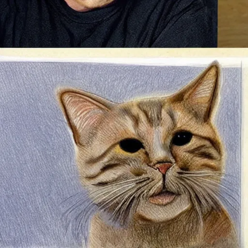 Image similar to An artist cries while painting a simple drawing of a cat