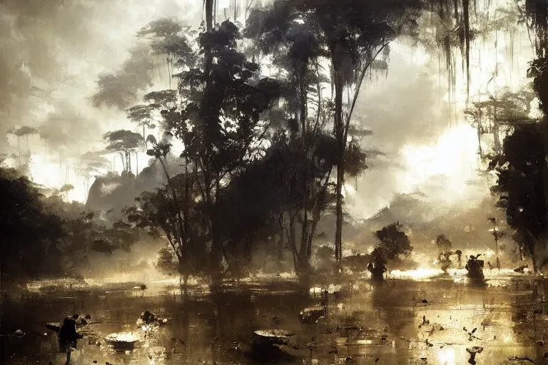 Prompt: painting of thailand landscape, by jeremy mann and greg rutkowski, dramatic, cinematic light, oil on canvas