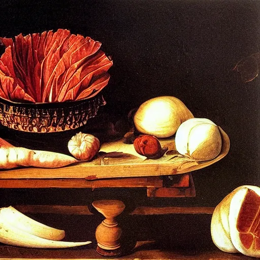 Image similar to a caravaggio painting of kimchi ingredients