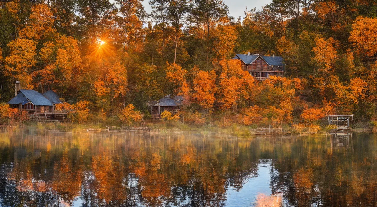 Prompt: a autumn forest, with a rustic house in front of a lake, at sunrise, with a pier from the house that leads to the lake