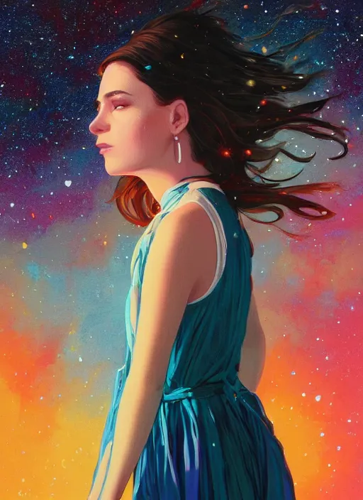 Image similar to full - length portrait of a young woman with dark hair, wearing a flowing sundress, standing in front of a colorful starry galaxy, detailed face, fantasy, cinematic lighting, digital art painting, fine details by realistic shaded lighting poster by ilya kuvshinov katsuhiro otomo, magali villeneuve, artgerm, jeremy lipkin and michael garmash and rob rey