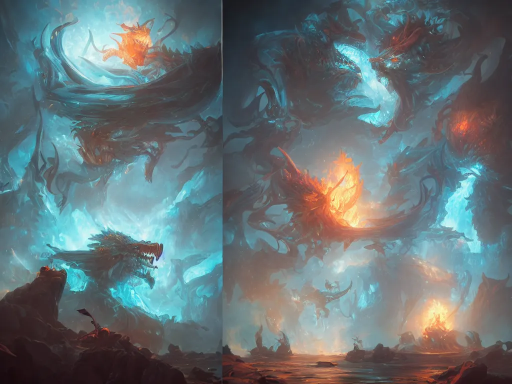 Prompt: huge daragons breathing ice and fire by peter mohrbacher and dan mumford and nekro, cgsociety, volumetric light, 3 d render