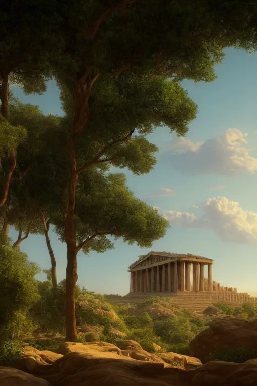 Prompt: an endless desert landscape with lush vegetation in the style of thomas cole with a single parthenon placed in the middle of the foreground, raytracing, 8 k, octane render, volumetric, vivid, beautiful, hyperrealism