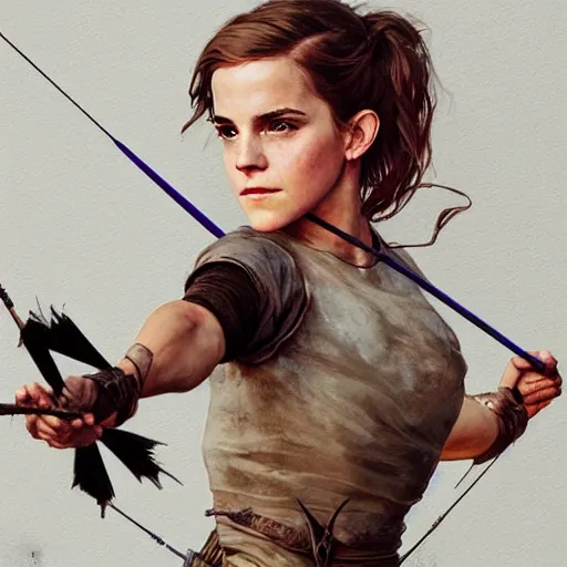 Image similar to portait of a very muscled emma watson archer shooting arrow, front game card, drark, marvel comics, dark, intricate, highly detailed, smooth, artstation, digital illustration by ruan jia and mandy jurgens and artgerm and wayne barlowe and greg rutkowski and zdislav beksinski