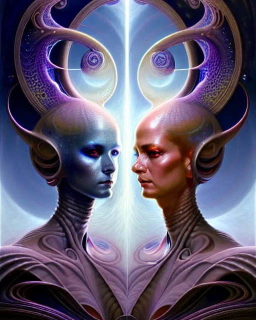 Image similar to a portrait of gemini light and dark fantasy character portrait made of fractals facing each other, ultra realistic, wide angle, intricate details, the fifth element artifacts, highly detailed by peter mohrbacher, hajime sorayama, wayne barlowe, boris vallejo, aaron horkey, gaston bussiere, craig mullins