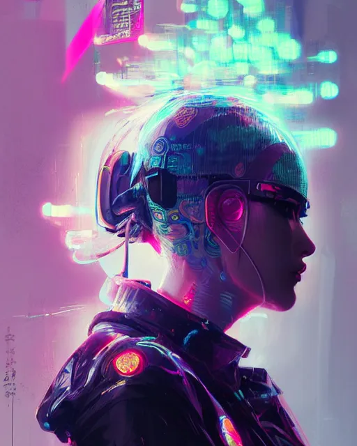 Image similar to detailed side profile portrait Neon Operator Girl, cyberpunk futuristic neon, reflective puffy coat, decorated with traditional Japanese ornaments by Ismail inceoglu dragan bibin hans thoma greg rutkowski Alexandros Pyromallis Nekro Rene Maritte Illustrated, Perfect face, fine details, realistic shaded, fine-face, pretty face