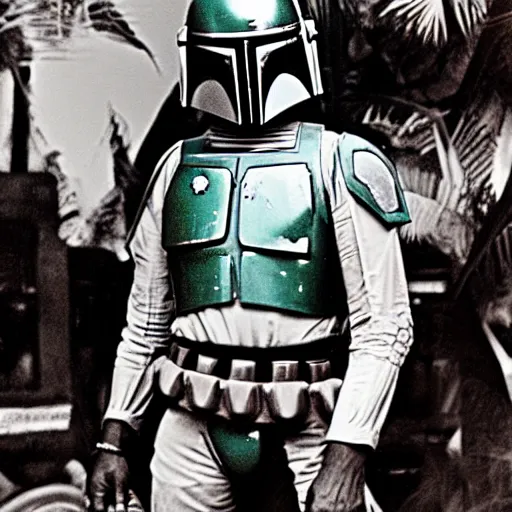 Prompt: boba fett in a 1950s puerto rican gang photo