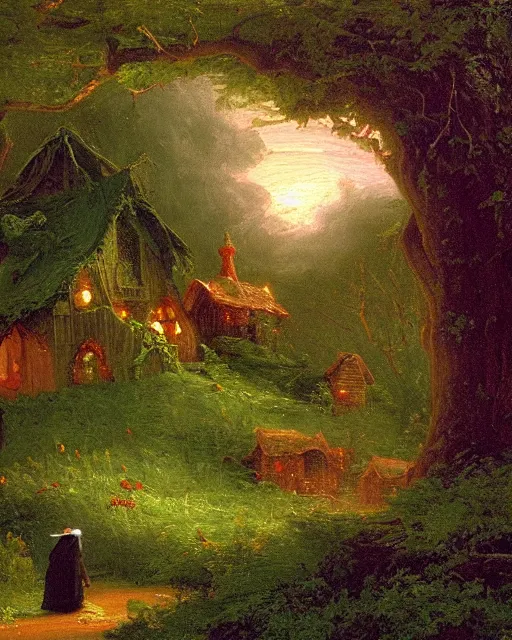 Image similar to an oil painting of a candy - covered gingerbread witch's house in the forest, by thomas cole, ivan shiskin, and james gurney