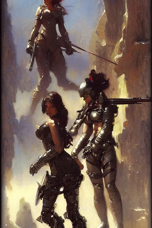 Image similar to futuristic women with medieval armor, holding a gun, painting by gaston bussiere, craig mullins, greg rutkowski, yoji shinkawa